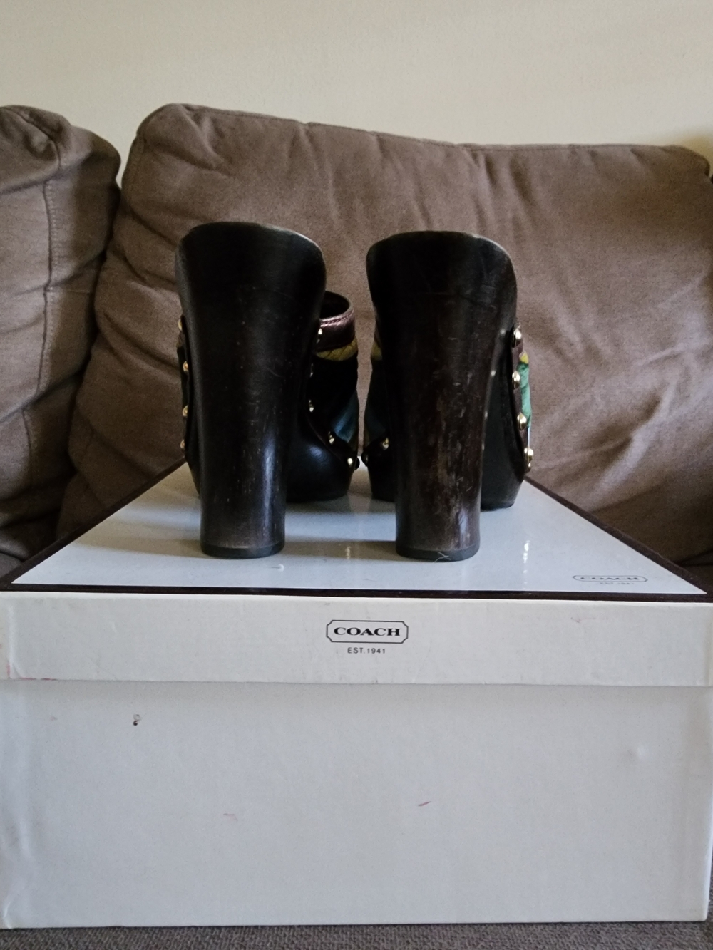 Pre-loved Coach Multicolor Patchwork Velvet Studded Mules - Picture 3 of 11